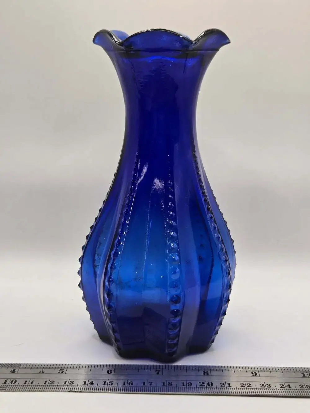 Vintage Indiana Glass Cobalt Blue Beaded Rib Vase with Ruffled Rim